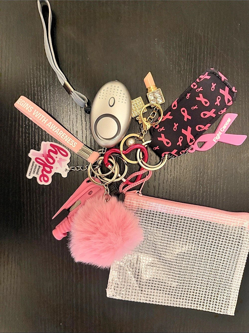 Breast Cancer Awareness Pink & Black Keychain Set